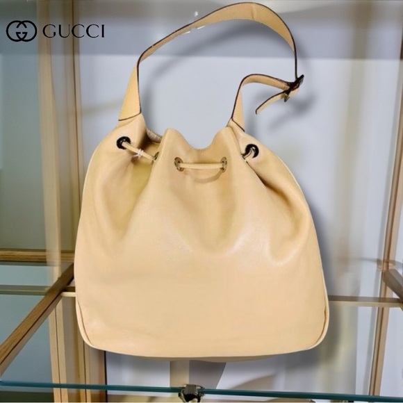 AUTHENTIC GUCCI VINTAGE TAN BUTTERY LEATHER-SLOUCHY HOBO RARE BAG - Picture 2 of 8